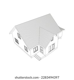 Modelo de casa suburbana 3D. El diseño del edificio moderno. Proyecto de cabaña sobre fondo blanco. Diseño de vectores.