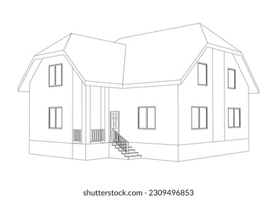 3D suburban house model. Drawing of the modern building. Cottage project on white background. Vector elevaitions blueprint.