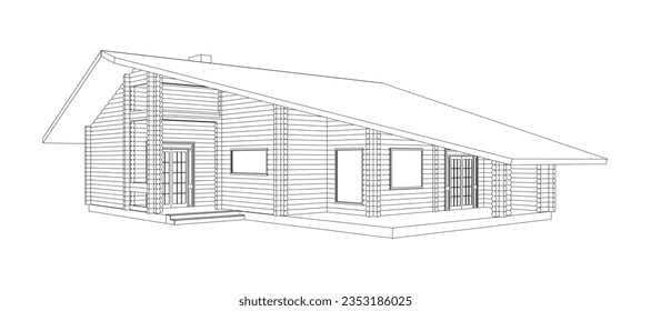 3D suburban house model. Drawing of the modern building. Cottage project on white background. Interesting vector blueprint.