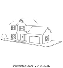 modelo de casa suburbana 3D. Desenho do edifício moderno. Projeto de casa de campo em fundo branco. Ilustração vetorial