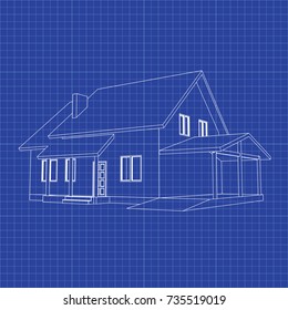 3D suburban house model. Drawing of the modern building. Cottage project on blue background. Interesting vector blueprint.