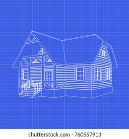 3D suburban wood house model. Vector drawing of the modern building. Family cottage project on  blueprint.