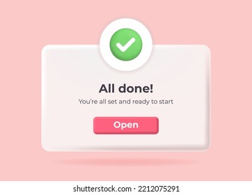 3d success tick. Popup page with floating elements. Social media, business or event planning, notification with 3d green tick. Vector Illustration