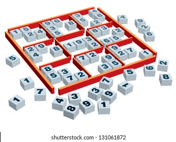 3d sudoku game board and boxes with numbers in a variety of positions.