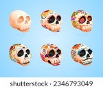 3d sugar skulls. Candy for dia de muertos party, render white skull face tattoo mexican culture calavera, day death bone symbol mexico halloween, vector illustration of death sugar head mexican