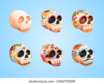 3d sugar skulls. Candy for dia de muertos party, render white skull face tattoo mexican culture calavera, day death bone symbol mexico halloween, vector illustration of death sugar head mexican