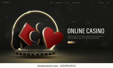 The 3D suit of poker cards is painted in black and gold on a floating podium with a neon bright shiny yellow frame. A web banner with casino elements with text.