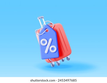 3d suitcase with blue price tag isolated. Render travel bag with coupon or voucher with percent symbol. Travel sale or tour discount. Holiday or vacation. Transportation concept. Vector illustration