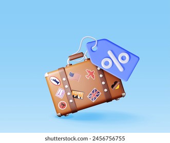 3d suitcase with blue price tag isolated. Render travel bag with coupon or voucher with percent symbol. Travel sale or tour discount. Holiday or vacation. Transportation concept. Vector illustration