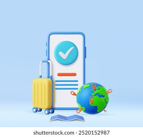 3D suitcase and buy travel ticket online on mobile phone. Planning for tourism on summer vacation concept. 3d rendering. Vector illustration