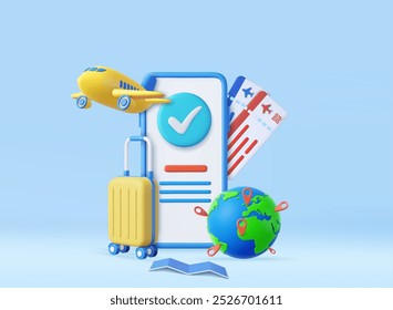 3D suitcase and buy travel ticket online on mobile phone. Planning for tourism on summer vacation concept. 3d rendering. Vector illustration