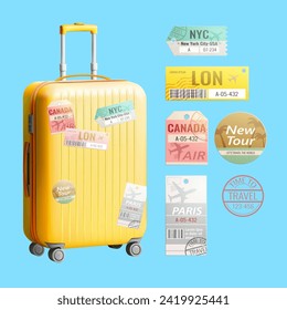 3D Suitcase and country tags isolated on light blue background.