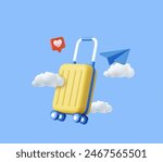 3d suitcase flying on the sky with heart icon, paper plane, clouds, isolated on background. Design concept for travel. 3d rendering. Vector illustration