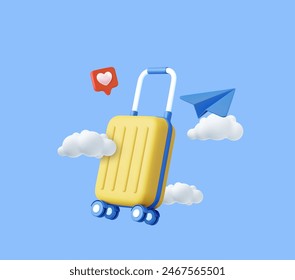 3d suitcase flying on the sky with heart icon, paper plane, clouds, isolated on background. Design concept for travel. 3d rendering. Vector illustration