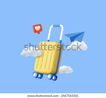 3d suitcase flying on the sky with heart icon, paper plane, clouds, isolated on background. Design concept for travel. 3d rendering. Vector illustration