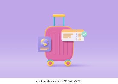 Maleta 3D con pasaporte de identidad y planeamiento de viaje en avión. Recorrido mundial de viajes en avión de turismo con bolso de viaje en concepto de verano de vacaciones. Ilustración de vectores de iconos de 3 d