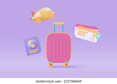 3D suitcase with identity passport and flight plane travel tourism trip planning. Tourism plane trip planning world tour with travel bag on holiday summer concept. 3d icon vector render illustration