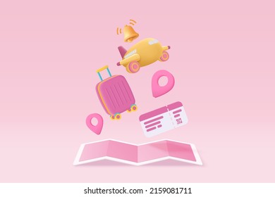 3D suitcase with identity passport and flight plane travel tourism trip planning. Tourism plane trip planning world tour with travel bag on holiday summer concept. 3d icon vector render illustration - Shutterstock ID 2159081711