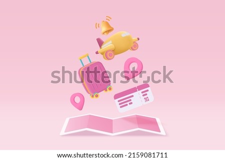 3D suitcase with identity passport and flight plane travel tourism trip planning. Tourism plane trip planning world tour with travel bag on holiday summer concept. 3d icon vector render illustration