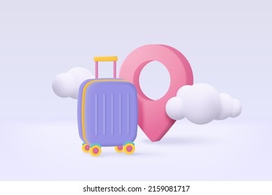 3D suitcase and location point marker of map or navigation pin icon on cloud. 3d navigation for travel planning world tour with plans tour on summer. 3d GPS pin icon vector render illustration