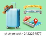 3D Suitcase, map and ribbon banners isolated on light green background.