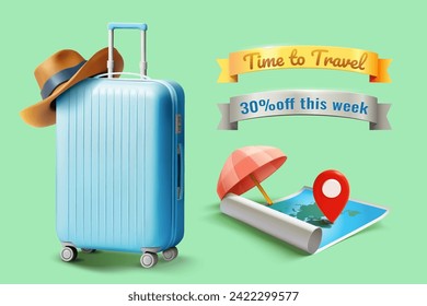 3D Suitcase, map and ribbon banners isolated on light green background.