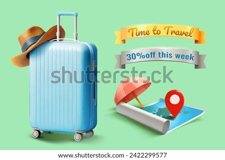 3D Suitcase, map and ribbon banners isolated on light green background.