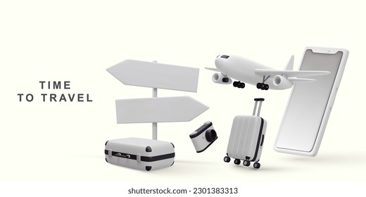 3d Suitcase and plane. travel online booking service on mobile. Vector illustration.