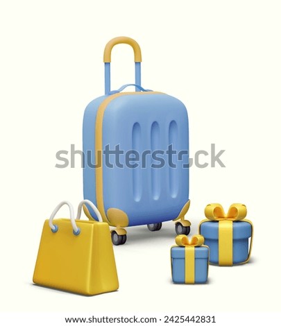 3D suitcase, shopping bag, gift boxes. Creative vector poster with place for logo, text