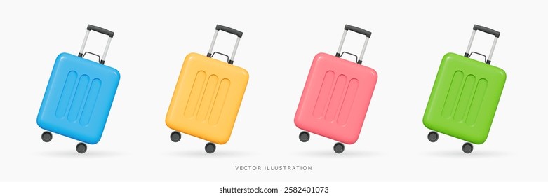 3D Suitcase for travel icon set. Cabin luggage. Plastic bag for flight. Journey concept. Time to tourism and vacation. Booking your next trip. Cartoon design icons isolated. 3D Vector illustration