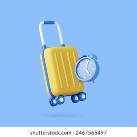 3d suitcases, luggage bag and alarm clock. Business wait time to travel with cartoon concept, vacation planning, travel in holiday. 3d rendering. Vector illustration