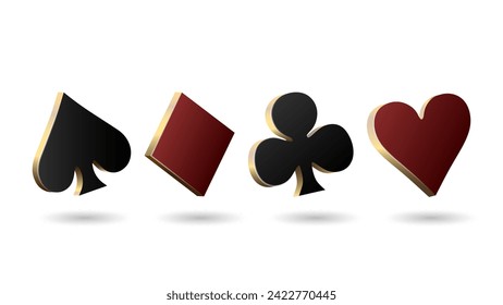 3d suits of cards in black, gold and red on a white background. A concept for a casino.