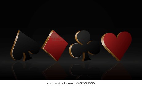 3d suits of cards in black red and gold on a glossy floor with reflection. A concept for poker and casino.