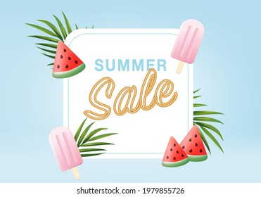 3d summer background product display podium scene with palm platform. background summer vector 3d render with sun, ice cream, watermelon on popup. banner show cosmetic product display blue sky