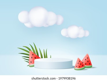 3d summer background product display podium scene with cloud platform. background summer vector 3d render with sun, ice cream, watermelon on podium. stand show cosmetic product display blue studio