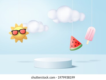 3d summer background product display podium scene with cloud platform. background summer vector 3d render with sun, ice cream, watermelon on podium. stand show cosmetic product display blue studio