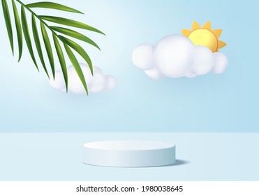 Escena de podio en 3d de fondo de verano con plataforma en la nube. vectores de verano de fondo 3d renderizado con sol, palma de hoja, sandía en podio. stand show cosméticos display blue studio