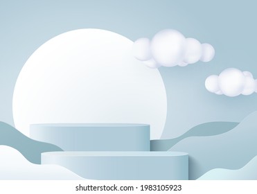 3d summer background product display podium scene with cloud geometric platform. cloud background vector 3d render with podium. stand to show cosmetic product. Stage showcase on pedestal blue display
