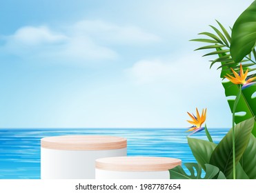 Escena de podio con hojas en 3d de fondo de verano. vectores de fondo de verano 3d representaciones en el océano, pantalla de podio de madera en el mar. stand show cosméticos mostrar nube azul cielo
