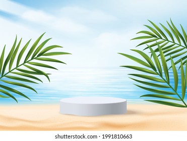 3d summer background product display platform scene with sea beach platform. sky cloud summer background vector 3d render on the ocean display. podium on sand beige cosmetic product display stand