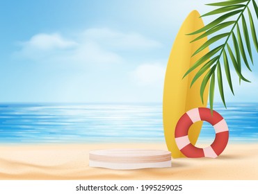 3d summer background product display platform scene with surfboard platform. sky cloud summer background vector 3d render on the ocean display. podium on sand beach cosmetic product display stand