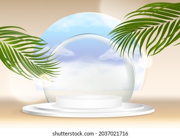 3d summer background product display platform scene with blue sky platform. sky cloud summer background vector 3d render on the window sky display
