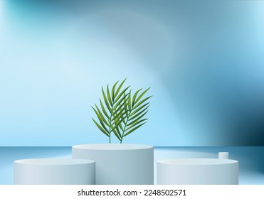 3d summer background product display podium scene with cloud platform. background summer vector 3d render, leaf palm, watermelon on podium. stand show cosmetic product display blue studio