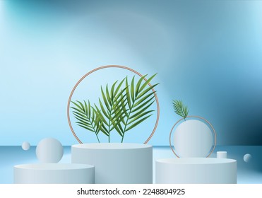 Escena de podio en 3d de fondo de verano con plataforma en la nube. vectores de verano de fondo 3d renderizado con sol, palma de hoja, sandía en podio. stand show cosméticos display blue studio