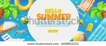 3D summer banner with round frame and beach attributes. Hello summer. Palm tree, sun lounger, ice cream, life preserver, ball, mattress, ball, umbrella. Travel, vacation, leisure theme. Illustration.