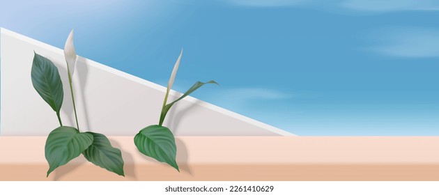 3d summer banner with tropical leafs and flowers on the background of the sky. Illustration of product display on podium at beach.