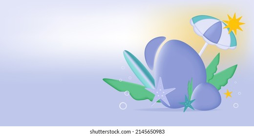 3d summer banner. Vector design background on the sea or ocean. Beach umbrella with palm tree, starfish. The concept of summer holidays, tourism advertising, design for poster, banner, flyer template.