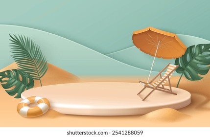 3d summer beach banner with podium and sand vector. Travel product display stand with umbrella, palm leaf, chair and lifebuoy. Tropical stage with island nature landscape for presentation or promotion