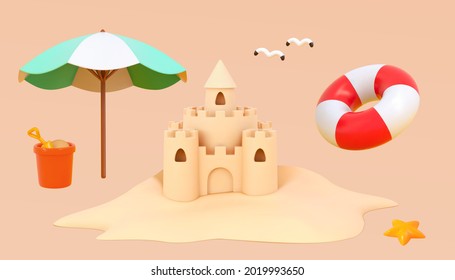 3d summer beach objects  Illustration sand castle  umbrella   swim ring  etc 
