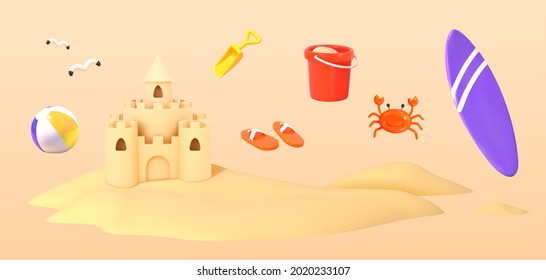 3d summer beach objects. Illustration of sand castle, sandcastle tool kit and surfboard, etc. svg